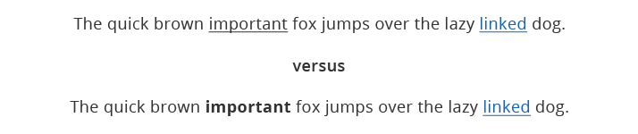 Using underline versus bold text for important text next to links